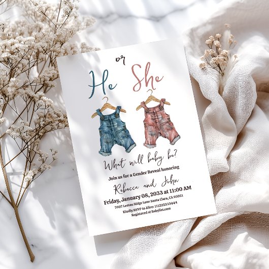 デニム彼または彼女はクロセスラインのジェンダーを明らかにするパーティー 招待状