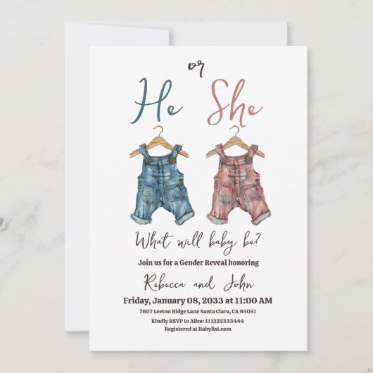 デニム彼または彼女はクロセスラインのジェンダーを明らかにするパーティー 招待状 (正面)