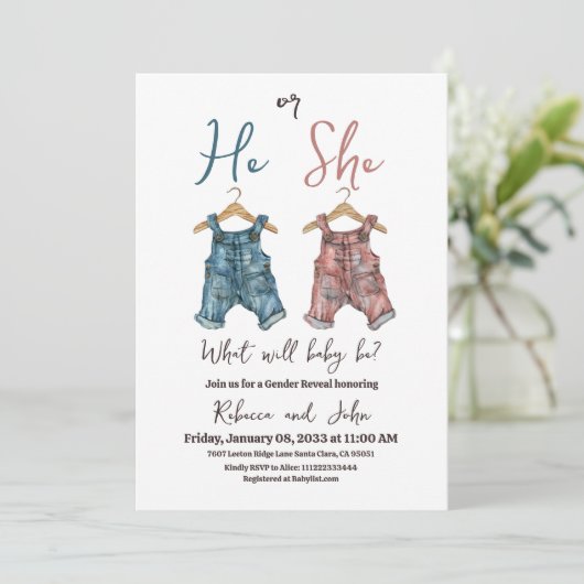 デニム彼または彼女はクロセスラインのジェンダーを明らかにするパーティー 招待状 (スタンド正面)