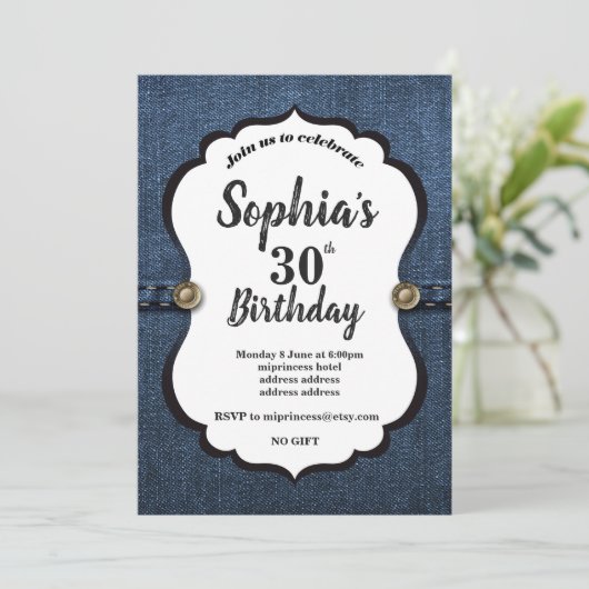 デニム招待状、誕生日パーティー 招待状 (スタンド正面)