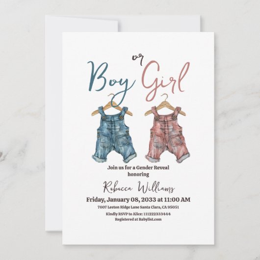 デニム男の子または女の子の物干しジェンダーの明け 招待状 (正面)