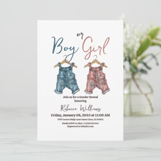 デニム男の子または女の子の物干しジェンダーの明け 招待状 (スタンド正面)