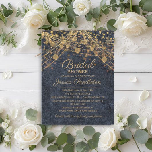 デニム素朴ブルー金ゴールドストリングライトブライダルシャワー 招待状