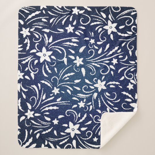 デニム開花:フローラルパターン背景 シェルパブランケット (正面)