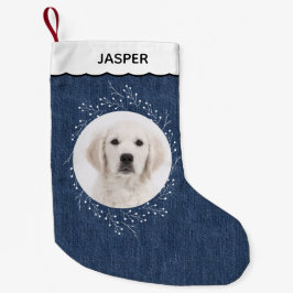 デニム風ウィンターリースペット犬の写真 スモールクリスマスストッキング
