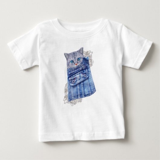 デニム・ジーンのポケット、子猫、レース ベビーTシャツ (正面)