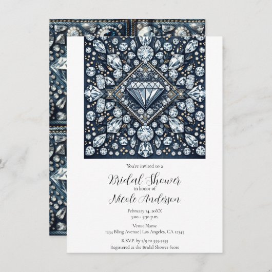 デニム&ダイアモンズきらきら光るグラムブライダルシャワー 招待状 (正面/裏面)