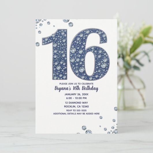 デニム&ダイアモンズきらきら光るスパークルスウィート16誕生日 招待状 (スタンド正面)