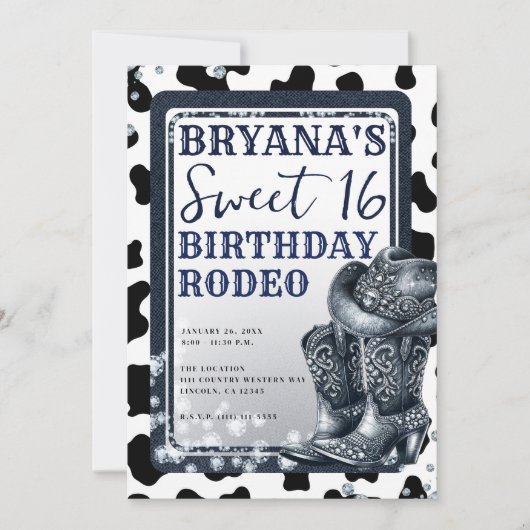 デニム&ダイアモンズウエスタングラム女性のカーボーイスウィート16 招待状 (正面)