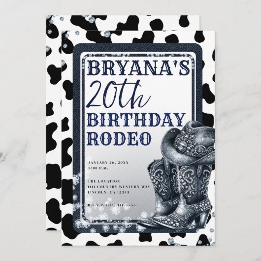 デニム&ダイアモンズウエスタングラム女性のカーボーイブーツハット 招待状 (正面/裏面)