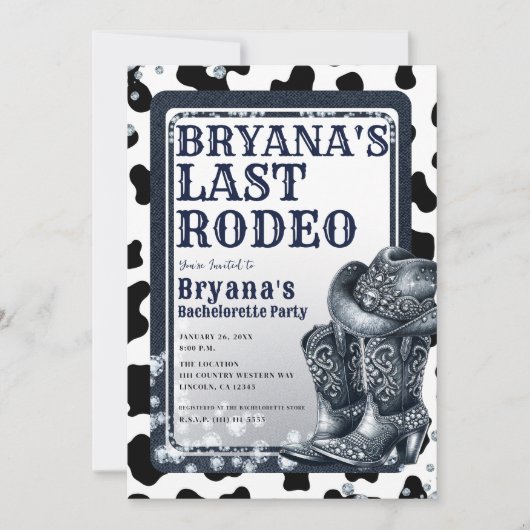 デニム&ダイアモンズウエスタングラム女性のカーボーイラストロデオ 招待状 (正面)