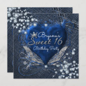 デニム&ダイアモンズハートスウィート16パーティの招待状 招待状 (正面/裏面)