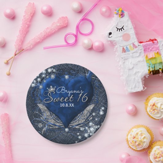 デニム&ダイアモンズブルーハートスウィート16パーティー ペーパープレート (パーティー)