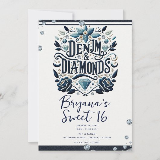 デニム&ダイアモンズ刺繍フローラスウィート16 招待状 (正面)