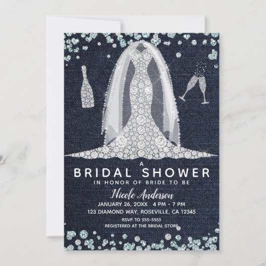 デニム&ダイアモンド結婚ズドレスブライダルシャワーグラム 招待状 (正面)