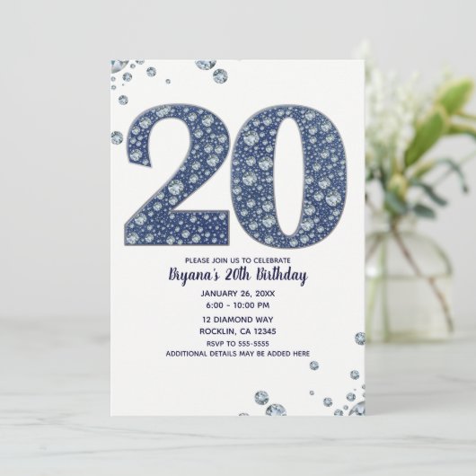 デニム&ダイヤモンドきらきら光るスパークル20th 20誕生日 招待状 (スタンド正面)