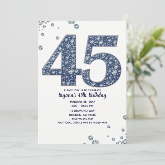 デニム&ダイヤモンドきらきら光るスパークル45th 45誕生日 招待状 (スタンド正面)