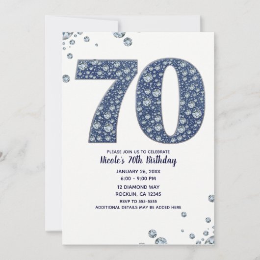 デニム&ダイヤモンドきらきら光るスパークル70th 70誕生日 招待状 (正面)