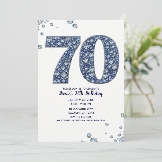 デニム&ダイヤモンドきらきら光るスパークル70th 70誕生日 招待状 (スタンド正面)