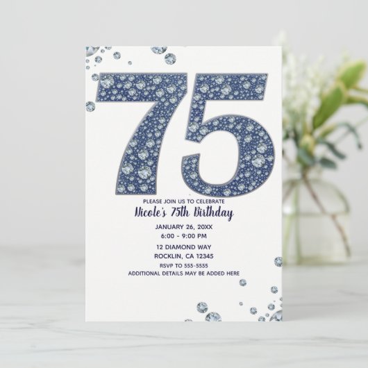 デニム&ダイヤモンドきらきら光るスパークル75th 75誕生日 招待状 (スタンド正面)