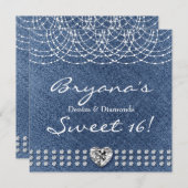 デニム&ダイヤモンドきらきら光るハートスウィート16パーティー 招待状 (正面/裏面)