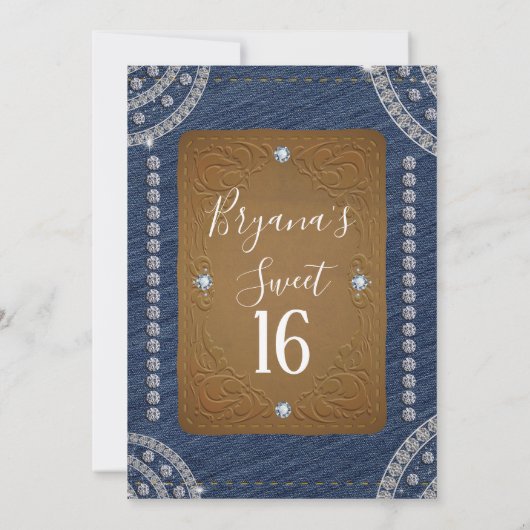 デニム＆ダイヤモンドのレザー バースデー スイート 16 パーティー 招待状 (裏面)
