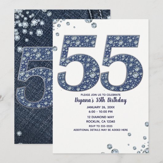 デニム & ダイヤモンドの煌めき 55歳の誕生日 招待状 (正面/裏面)