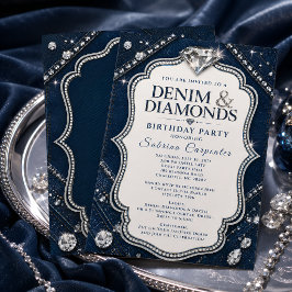 デニム＆ダイヤモンドの誕生日パーティー ネイビーブルー 招待状