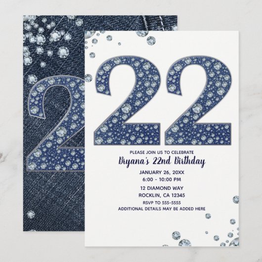 デニム & ダイヤモンドの輝き 22歳の誕生日 招待状 (正面/裏面)