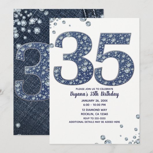 デニム & ダイヤモンドの輝き 35歳の誕生日 招待状 (正面/裏面)