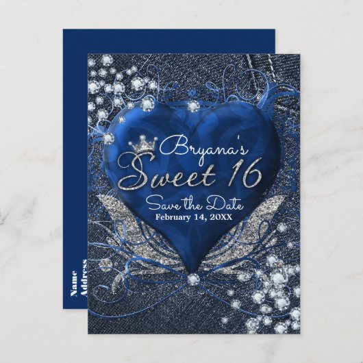 デニム&ダイヤモンドハートスウィート16パーティー救日付 案内ポストカード (正面/裏面)