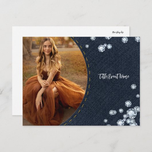 デニム&ダイヤモンドフォトポストカードパーティの招待状 インビテーションポストカード (正面/裏面)