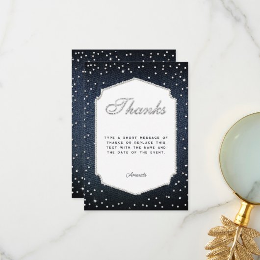 デニム ダイヤモンド グリッター ラインストーン フレーム サンクス サンキューカード (正面/裏面インサイチュ)