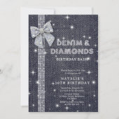 デニム＆ダイヤモンド スパークリング ネイビー ボウ バースデーパーティー 招待状 (正面)