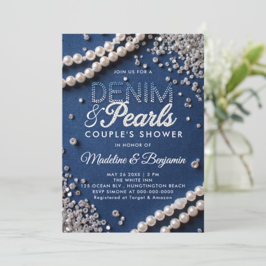 デニム ダイヤモンド パール エレガント モダン カップル シャワー 招待状 (スタンド正面)