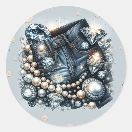 デニム ダイヤモンド＆パール ジーンズ ブリング バースデーパーティー ラウンドシール (正面)