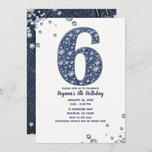 デニム&ダイヤモンド ブリング スパークル 6歳 6回目の誕生日 招待状 (正面/裏面)