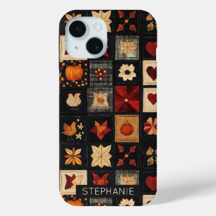 デニム フォークアート キルト パターン 田舎風の秋のパッチワーク iPhone 15ケース