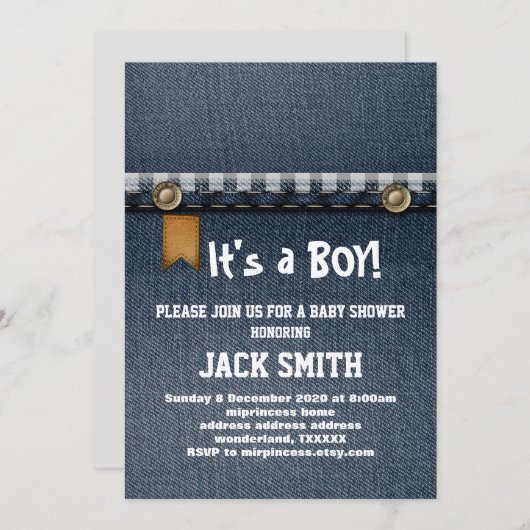 デニム,ブルージーンズ,カウボーイ,ウェスタンベビーシャワー 招待状 (正面/裏面)