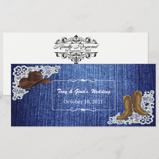 デニム ブーツ＆レース 結婚式 出席返信カード 招待状 (正面/裏面)