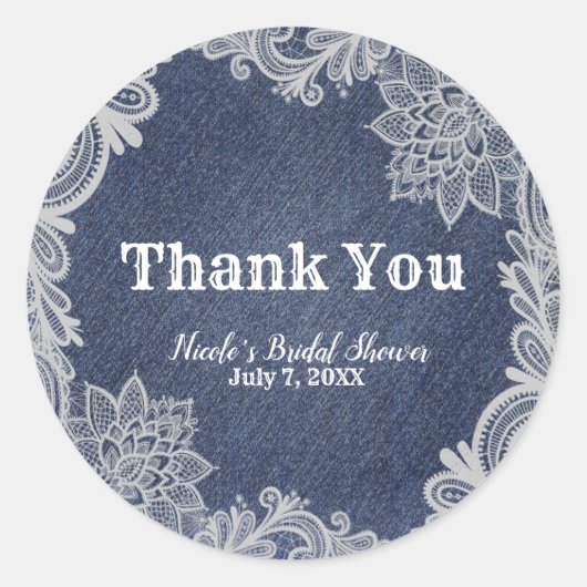 デニム&ホワイトフローラレースエレガントな結婚式の好意 ラウンドシール (正面)