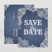 デニム＆ホワイト フラワー ラ lace エレガント Save The Date 案内ポストカード (正面/裏面)