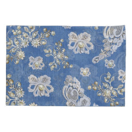 デニム – レースアイボリー真珠リピートパターン 枕カバー