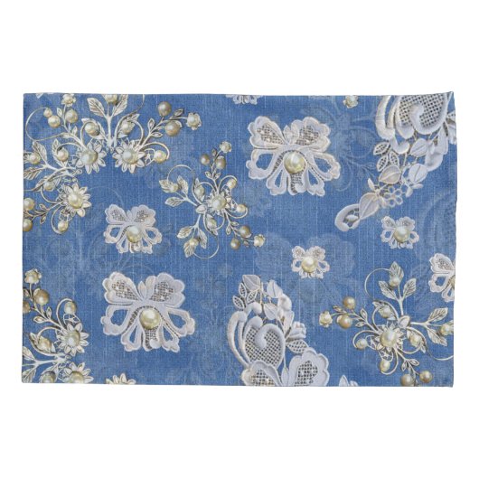 デニム – レースアイボリー真珠リピートパターン 枕カバー (裏面)