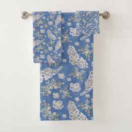 デニム – レースアイボリー真珠繰り返しパターン バスタオルセット