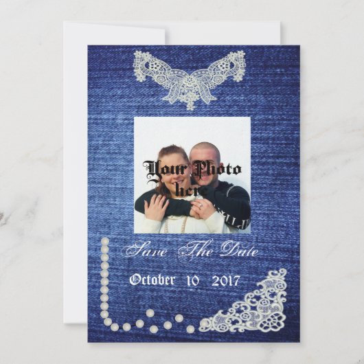 デニム、真珠及びレースの保存日付 セーブザデート (正面)