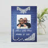 デニム、真珠及びレースの保存日付 セーブザデート (スタンド正面)