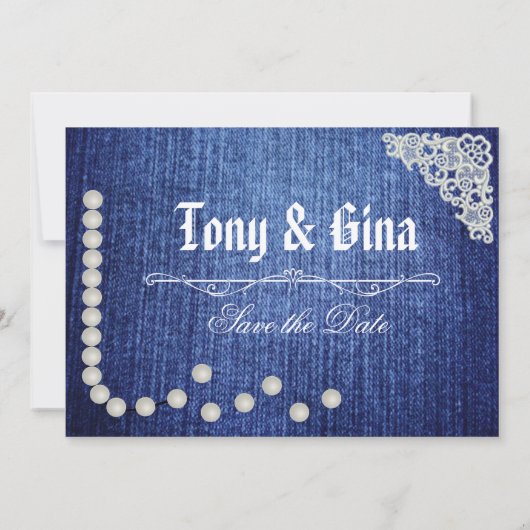 デニム、真珠及びレースの保存日付 セーブザデート (裏面)