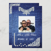 デニム、真珠及びレースの保存日付 セーブザデート (正面/裏面)