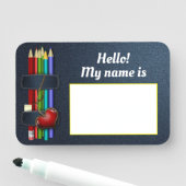 デニム、着色された鉛筆および赤いハートの先生 名札 (インサイチュ)
